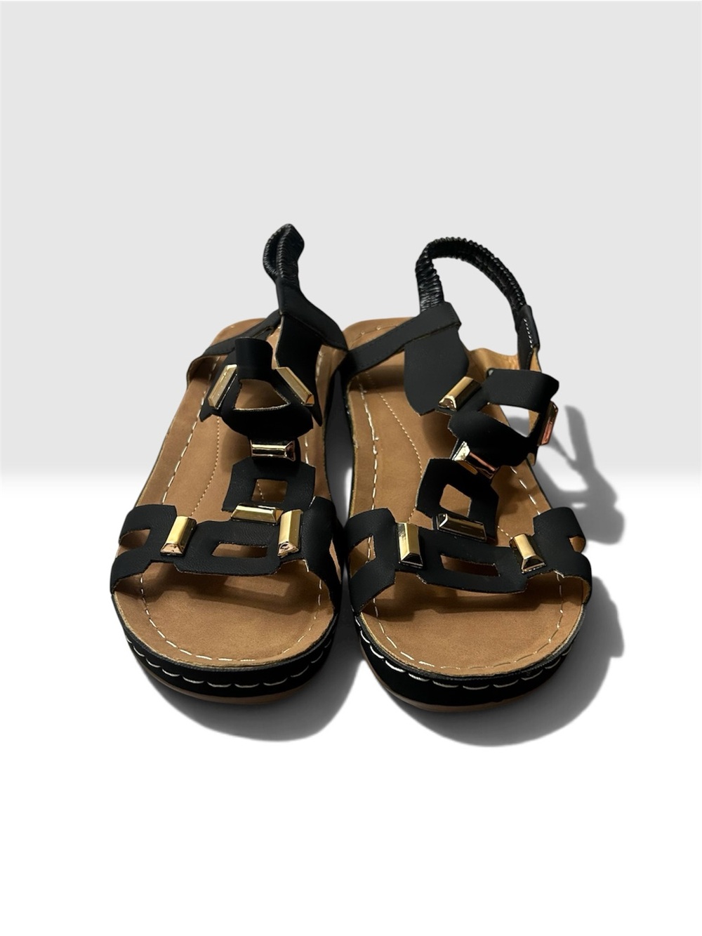 Women’s Black Strappy Sandals with Gold Accents